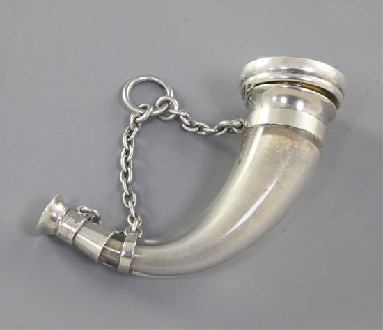 A late 19th century silver mounted glass vinaigrette by Sampson Mordan & Co, modelled as a hunting horn, 9cm.